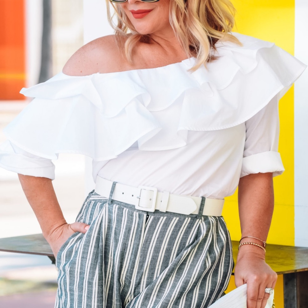 Rebecca Minkoff ruffled off shoulder top only worn once for photo shoot